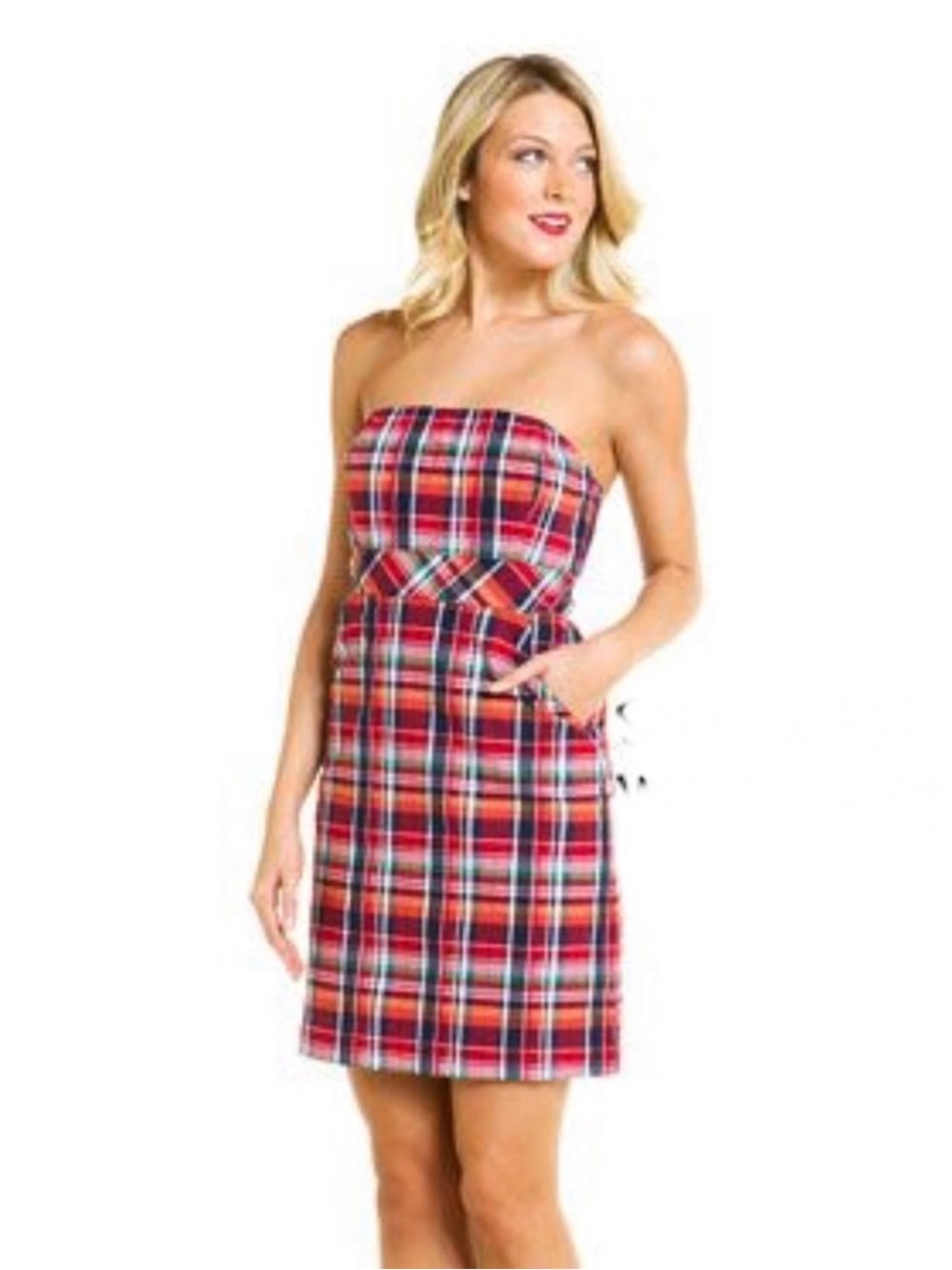 Vineyard Vines Red, Orange, Blue Plaid Strapless Dress Size 2
